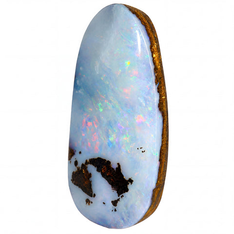 A polished natural opal cabochon with a white to light blue base showing iridescent flashes of pink, green, and orange, set against a natural brown matrix on a plain white background.
