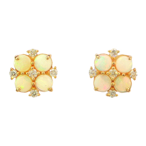 Australian Light Opal Earrings set in 14K Yellow Gold with Diamonds - Multicolour