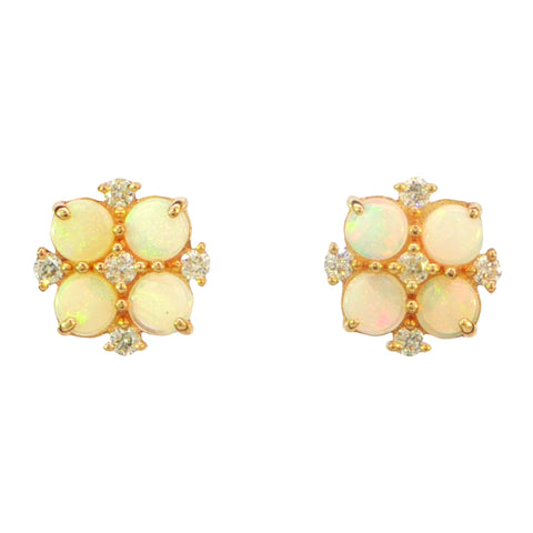 Australian Light Opal Earrings set in 14K Yellow Gold with Diamonds - Multicolour - Australian Opal Cutters and Pearl Divers