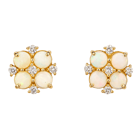 Australian Light Opal Earrings set in 14K Yellow Gold with Diamonds - Multicolour - Australian Opal Cutters and Pearl Divers
