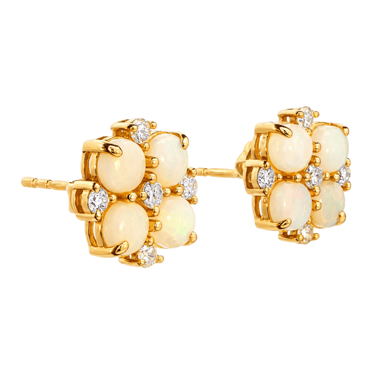 Australian Light Opal Earrings set in 14K Yellow Gold with Diamonds - Multicolour - Australian Opal Cutters and Pearl Divers