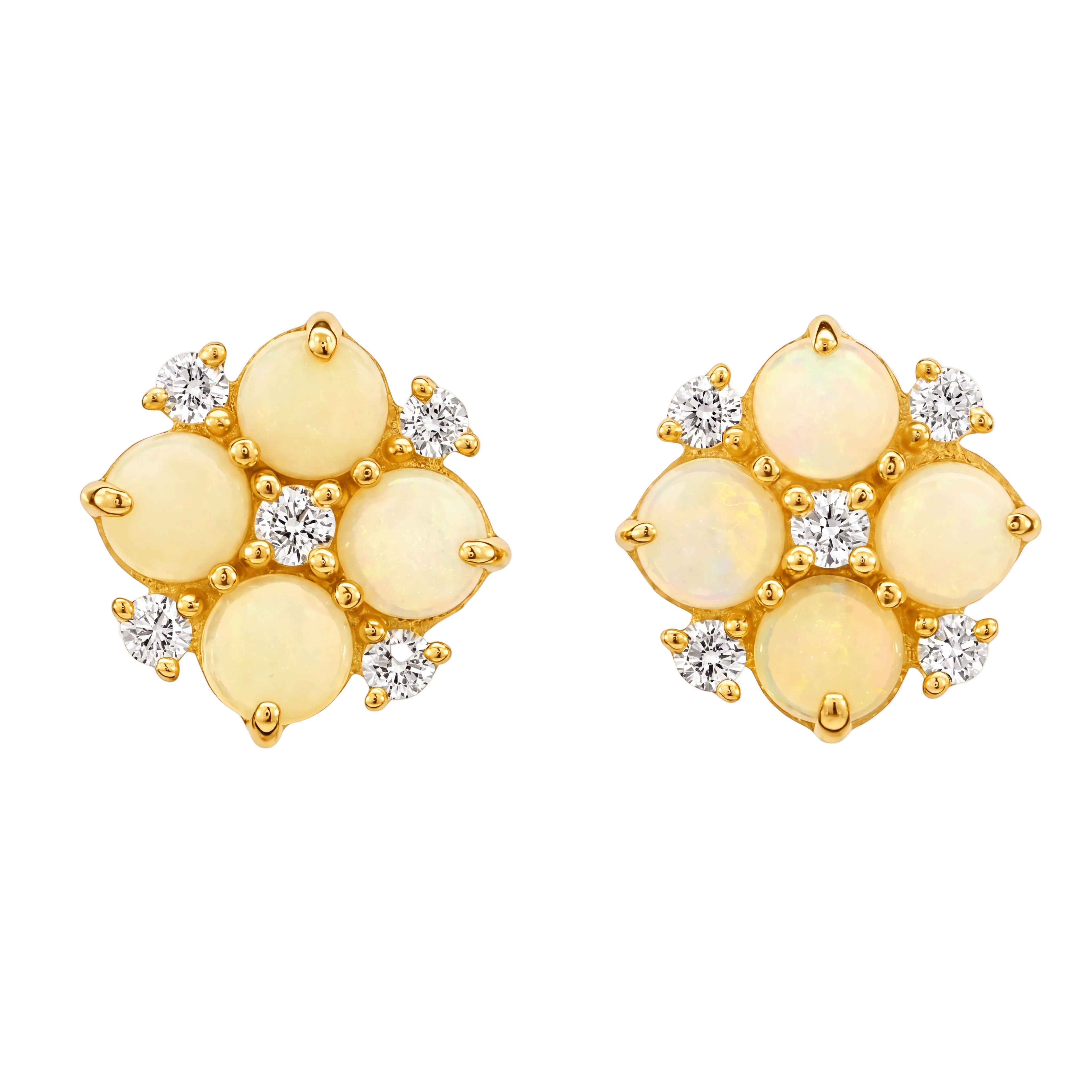 Australian Light Opal Earrings set in 14K Yellow Gold with Diamonds - Multicolour - Australian Opal Cutters and Pearl Divers