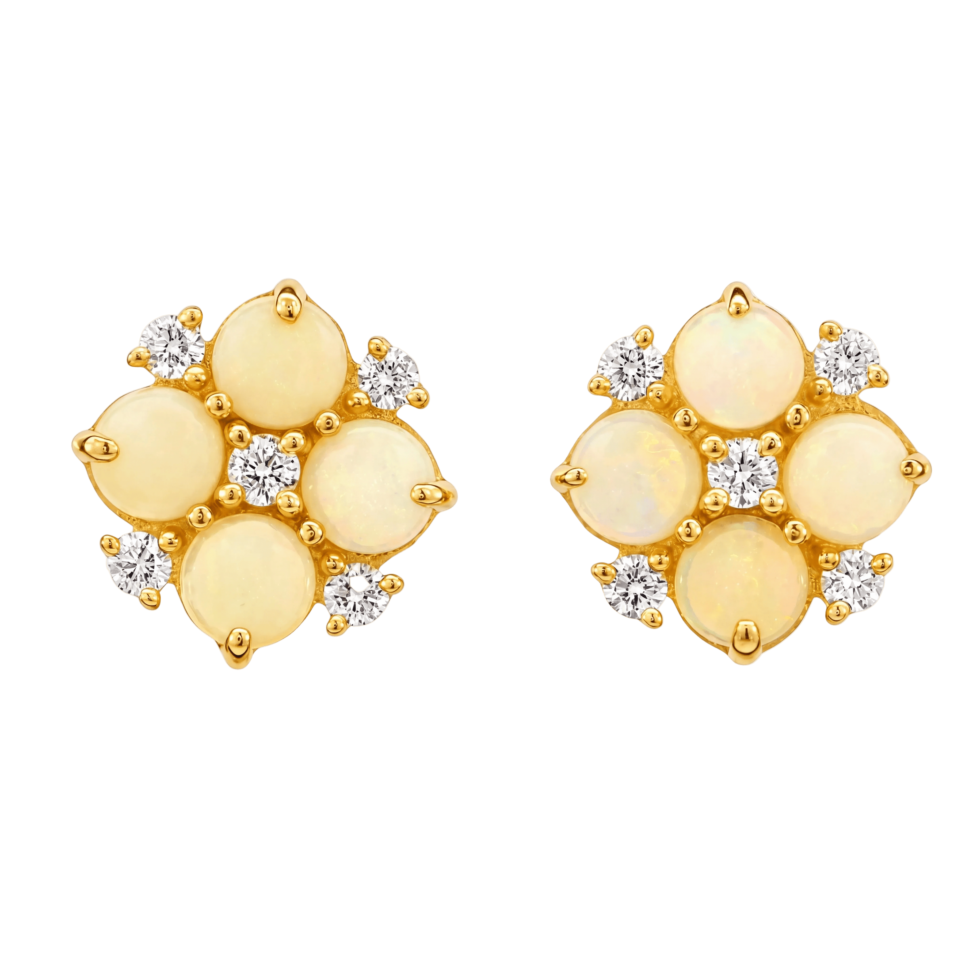 Australian Light Opal Earrings set in 14K Yellow Gold with Diamonds - Multicolour - Australian Opal Cutters and Pearl Divers