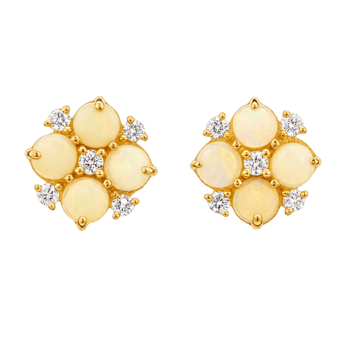 Australian Light Opal Earrings set in 14K Yellow Gold with Diamonds - Multicolour - Australian Opal Cutters and Pearl Divers