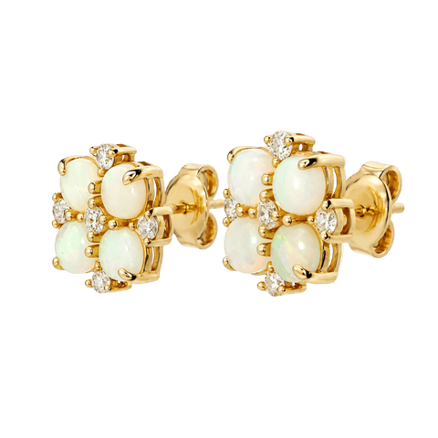 Australian Light Opal Earrings set in 14K Yellow Gold with Diamonds - Multicolour - Australian Opal Cutters and Pearl Divers