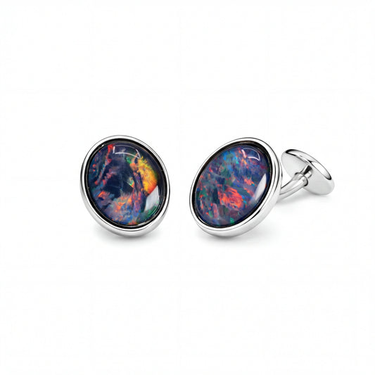 Triplet Opal Cufflinks in Stainless Steel - Multicolour - Australian Opal Cutters and Pearl Divers