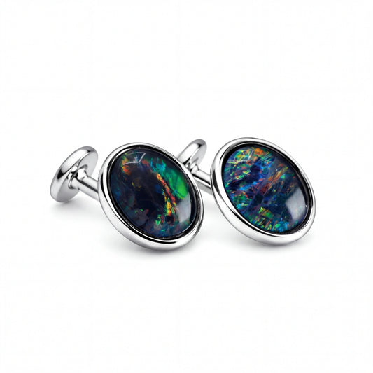 Triplet Opal Cufflinks in Stainless Steel - Multicolour - Australian Opal Cutters and Pearl Divers