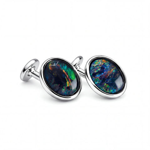 Triplet Opal Cufflinks in Stainless Steel - Multicolour - Australian Opal Cutters and Pearl Divers
