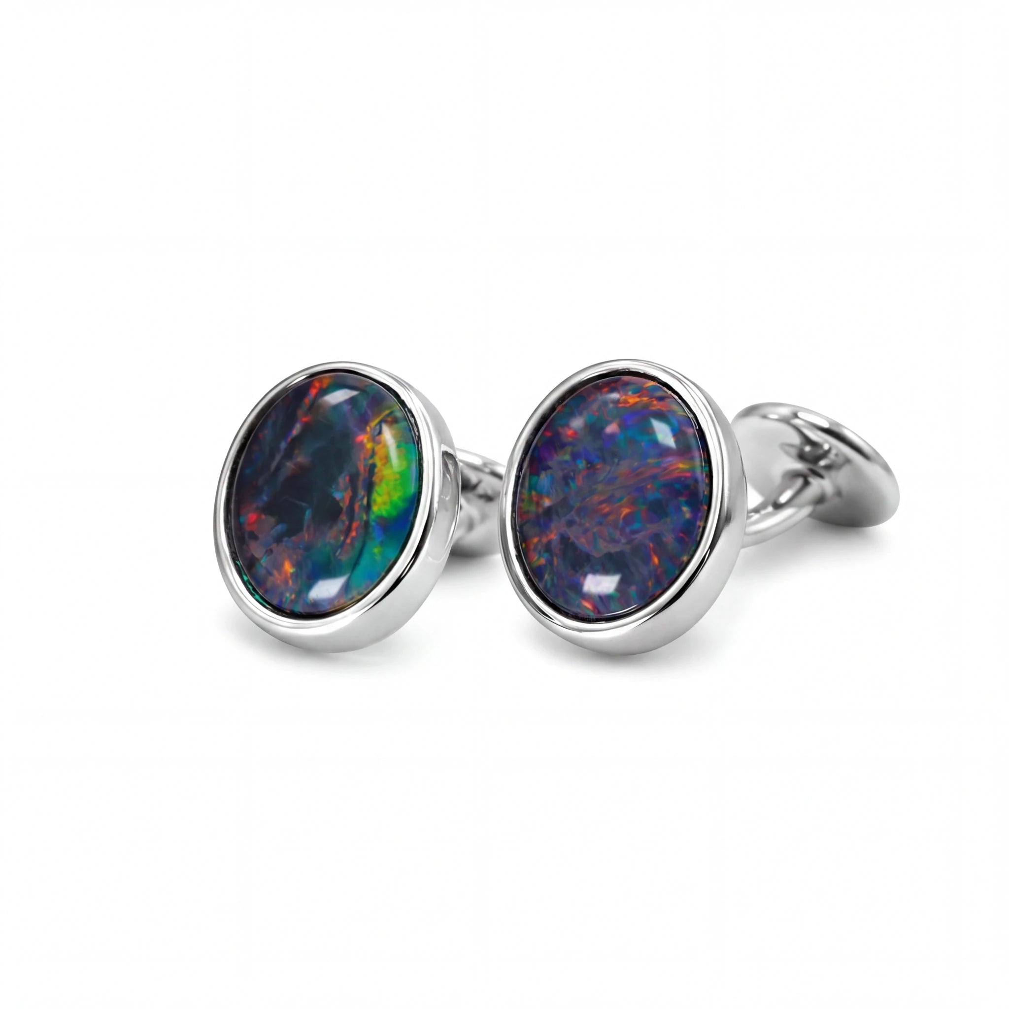Triplet Opal Cufflinks in Stainless Steel - Multicolour - Australian Opal Cutters and Pearl Divers