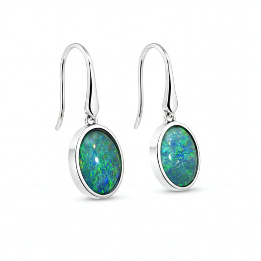 Triplet Opal Earrings in 925 Sterling Silver - Green and Blue