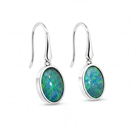Triplet Opal Earrings in 925 Sterling Silver - Green and Blue - Australian Opal Cutters and Pearl Divers