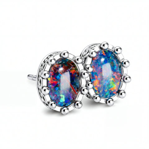 Triplet Opal Earrings in 925 Sterling Silver - Multicolour