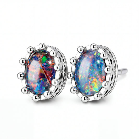 Triplet Opal Earrings in 925 Sterling Silver - Multicolour