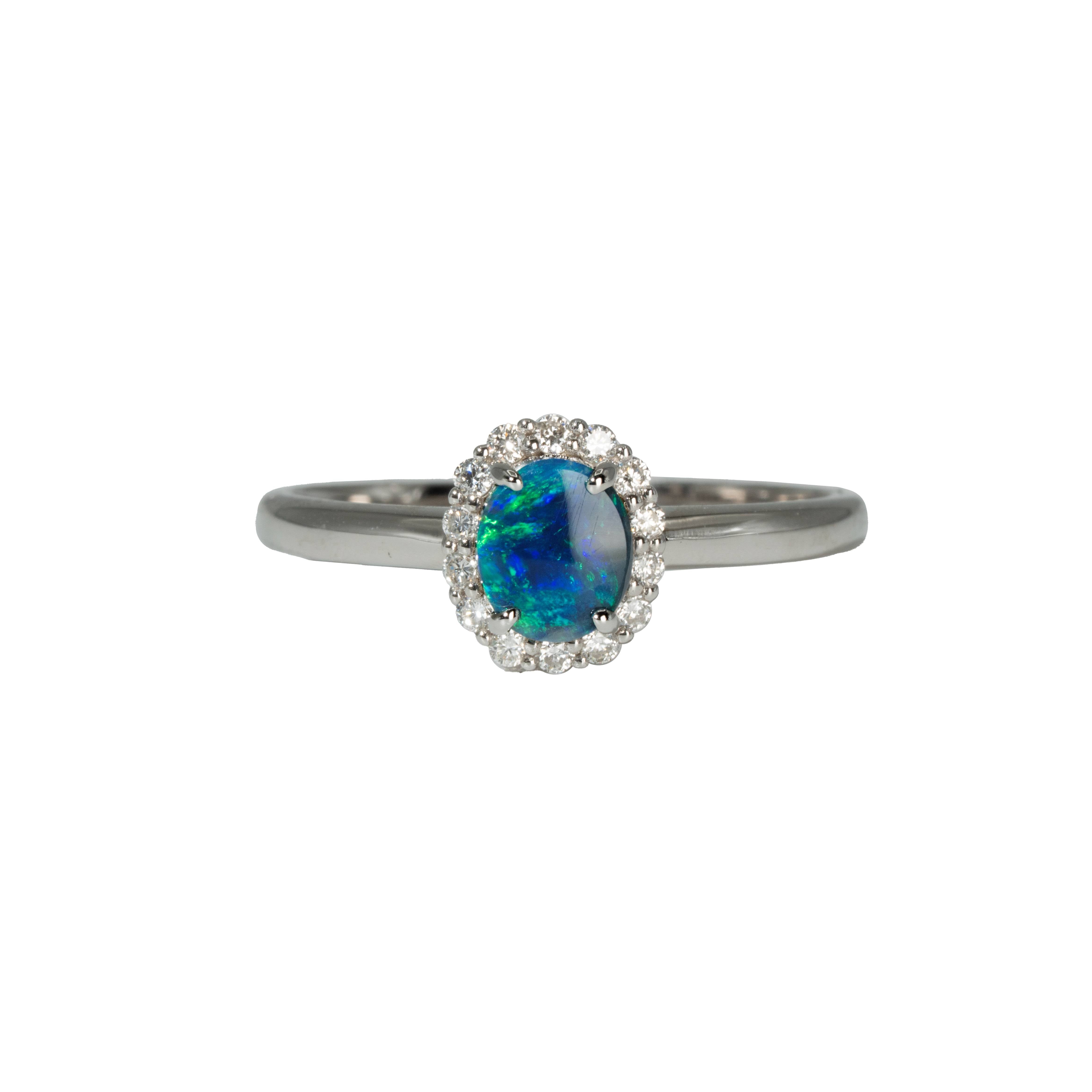 Black Opal Ring in 18K White Gold - Green-Blue