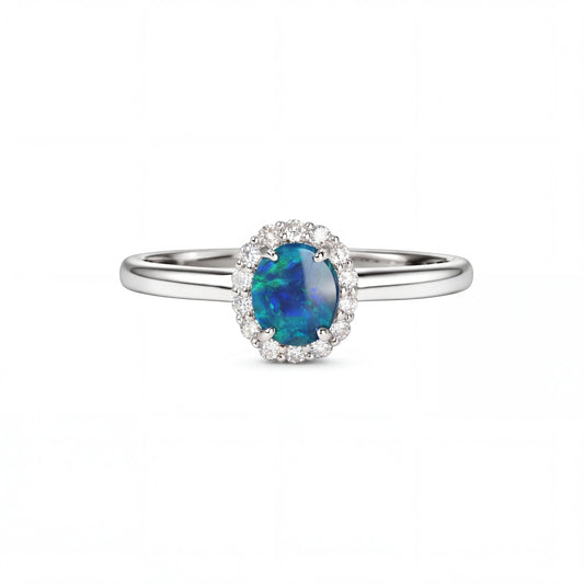 Black Opal Ring in 18K White Gold - Green-Blue - Australian Opal Cutters and Pearl Divers