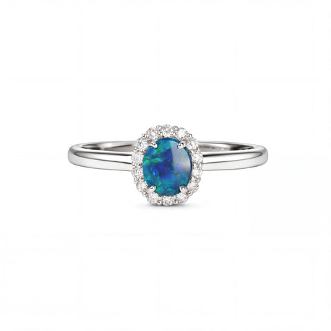 Black Opal Ring in 18K White Gold - Green-Blue - Australian Opal Cutters and Pearl Divers