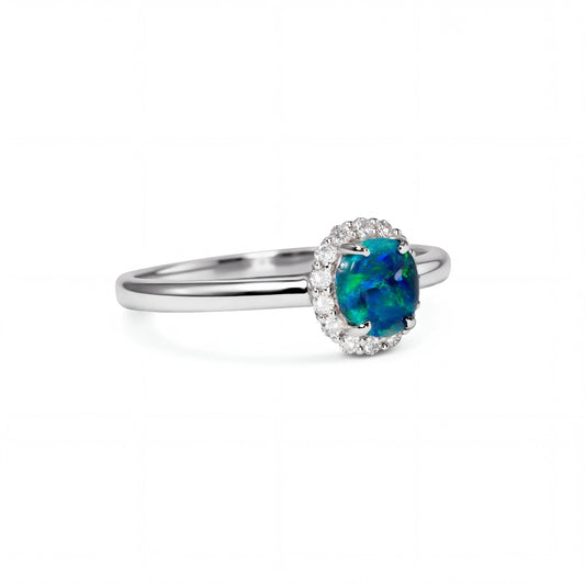 Black Opal Ring in 18K White Gold - Green-Blue - Australian Opal Cutters and Pearl Divers
