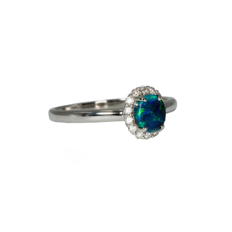 Black Opal Ring in 18K White Gold - Green-Blue