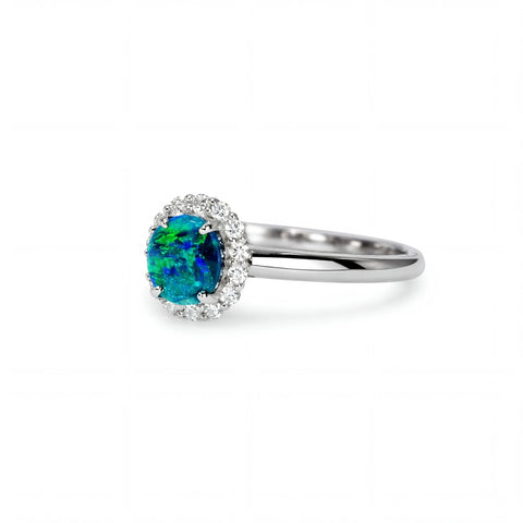 Black Opal Ring in 18K White Gold - Green-Blue - Australian Opal Cutters and Pearl Divers