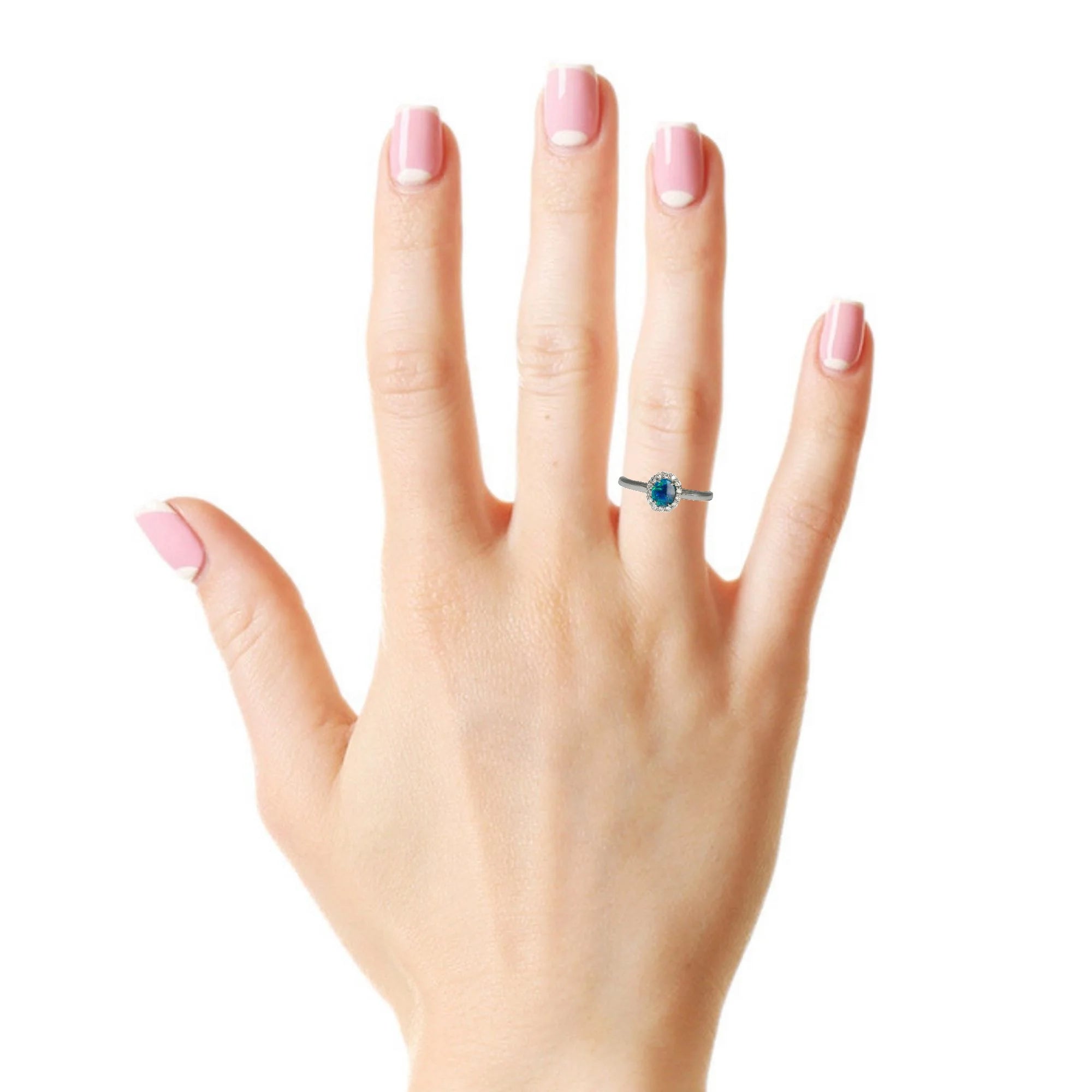 Black Opal Ring in 18K White Gold - Green-Blue