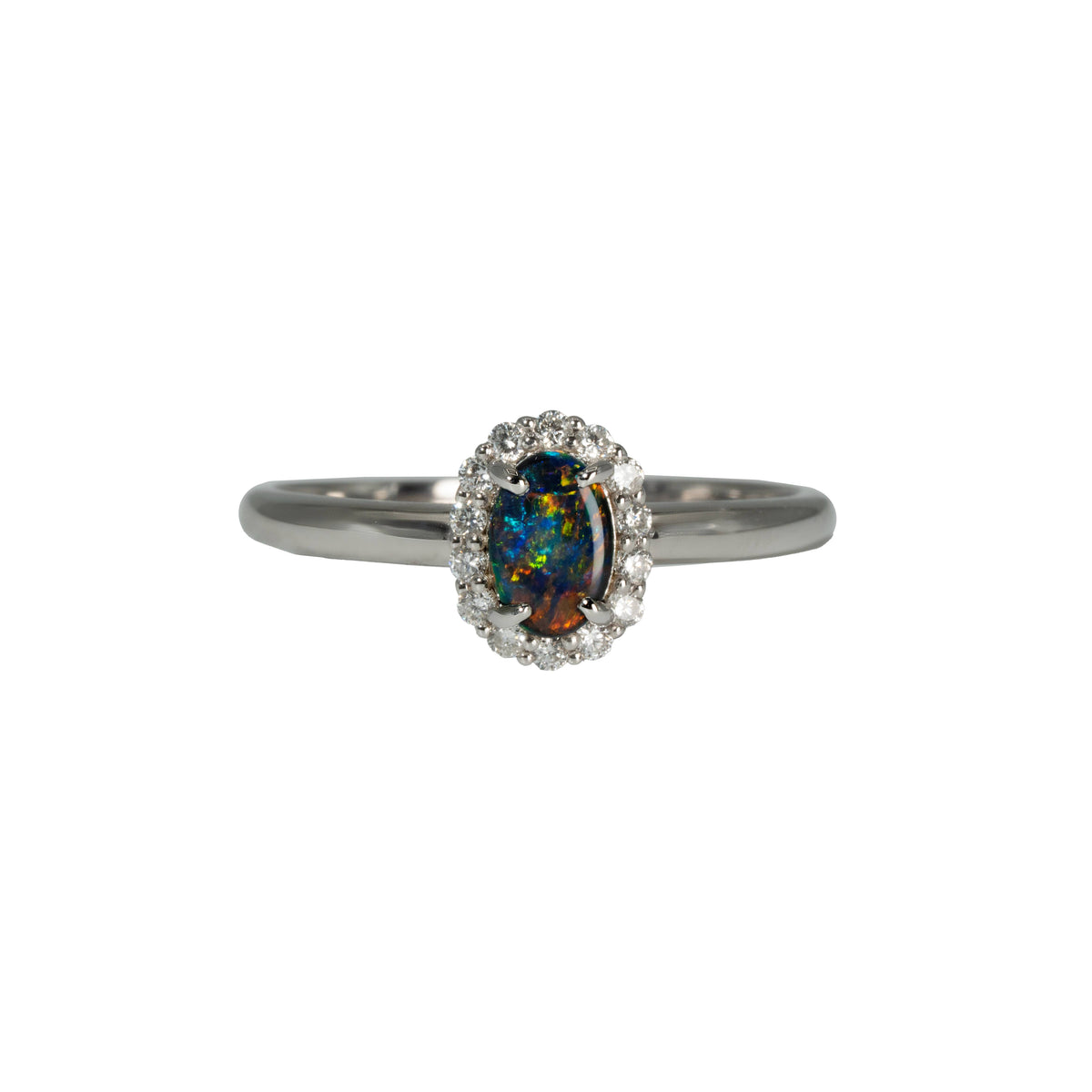 Black Opal Ring in 18K White Gold - Multicolour