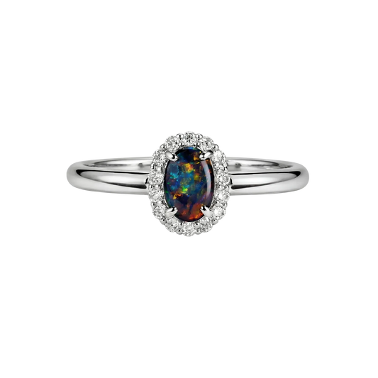 Black Opal Ring in 18K White Gold - Multicolour - Australian Opal Cutters and Pearl Divers