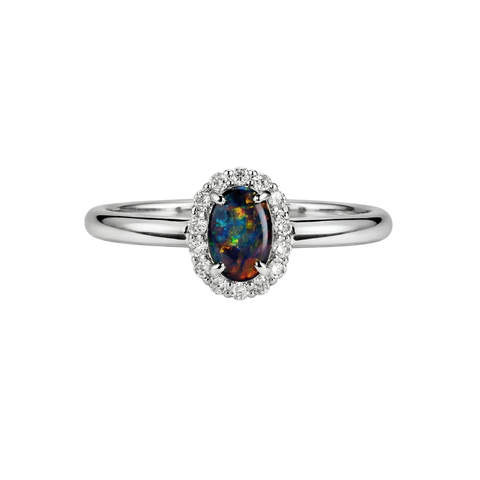 Black Opal Ring in 18K White Gold - Multicolour - Australian Opal Cutters and Pearl Divers
