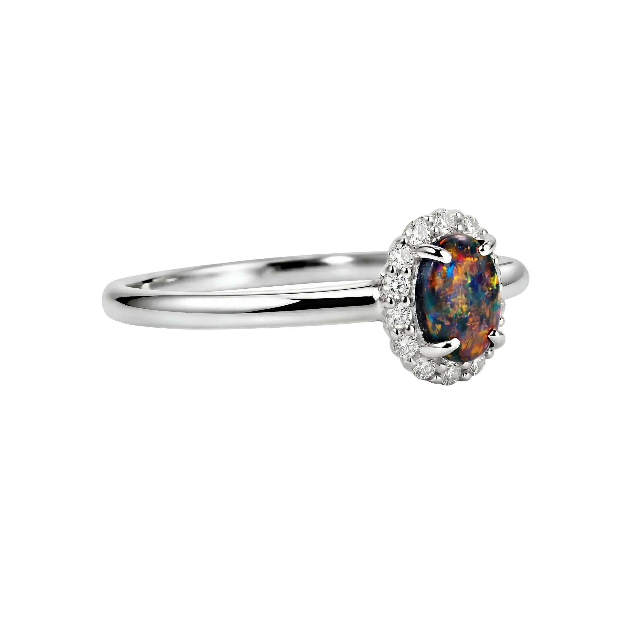 Black Opal Ring in 18K White Gold - Multicolour - Australian Opal Cutters and Pearl Divers