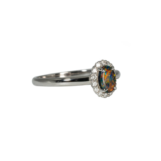 Black Opal Ring in 18K White Gold - Multicolour