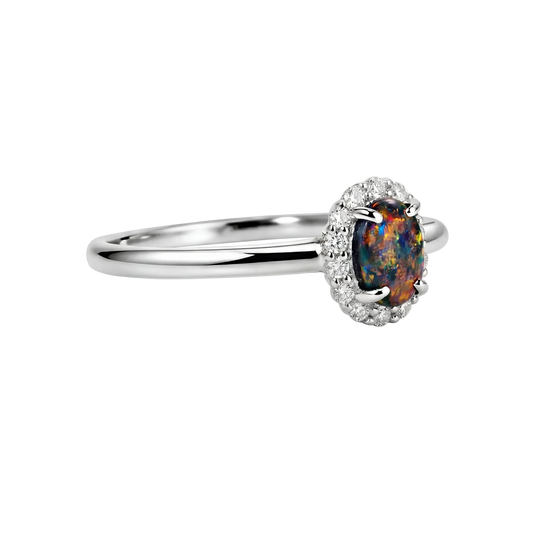 Black Opal Ring in 18K White Gold - Multicolour - Australian Opal Cutters and Pearl Divers