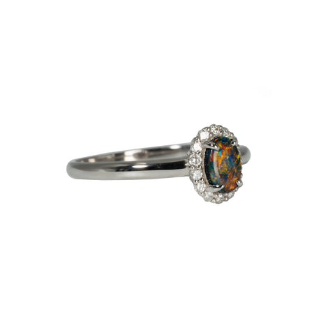 Black Opal Ring in 18K White Gold - Multicolour