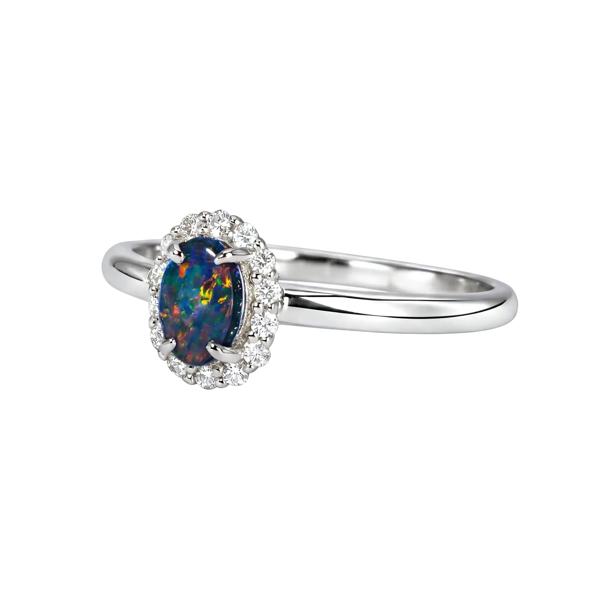 Black Opal Ring in 18K White Gold - Multicolour - Australian Opal Cutters and Pearl Divers