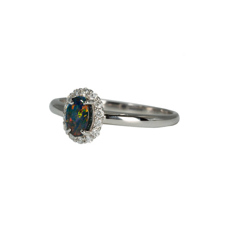 Black Opal Ring in 18K White Gold - Multicolour