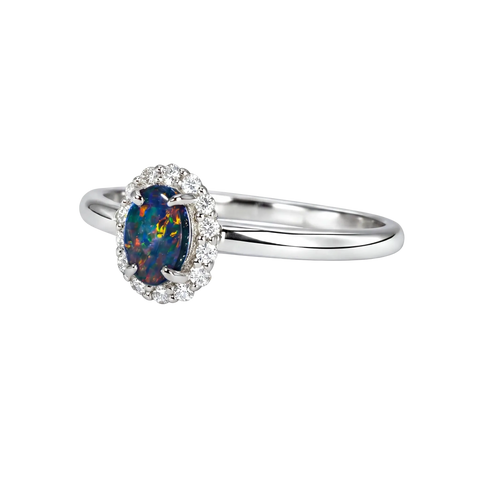 Black Opal Ring in 18K White Gold - Multicolour - Australian Opal Cutters and Pearl Divers
