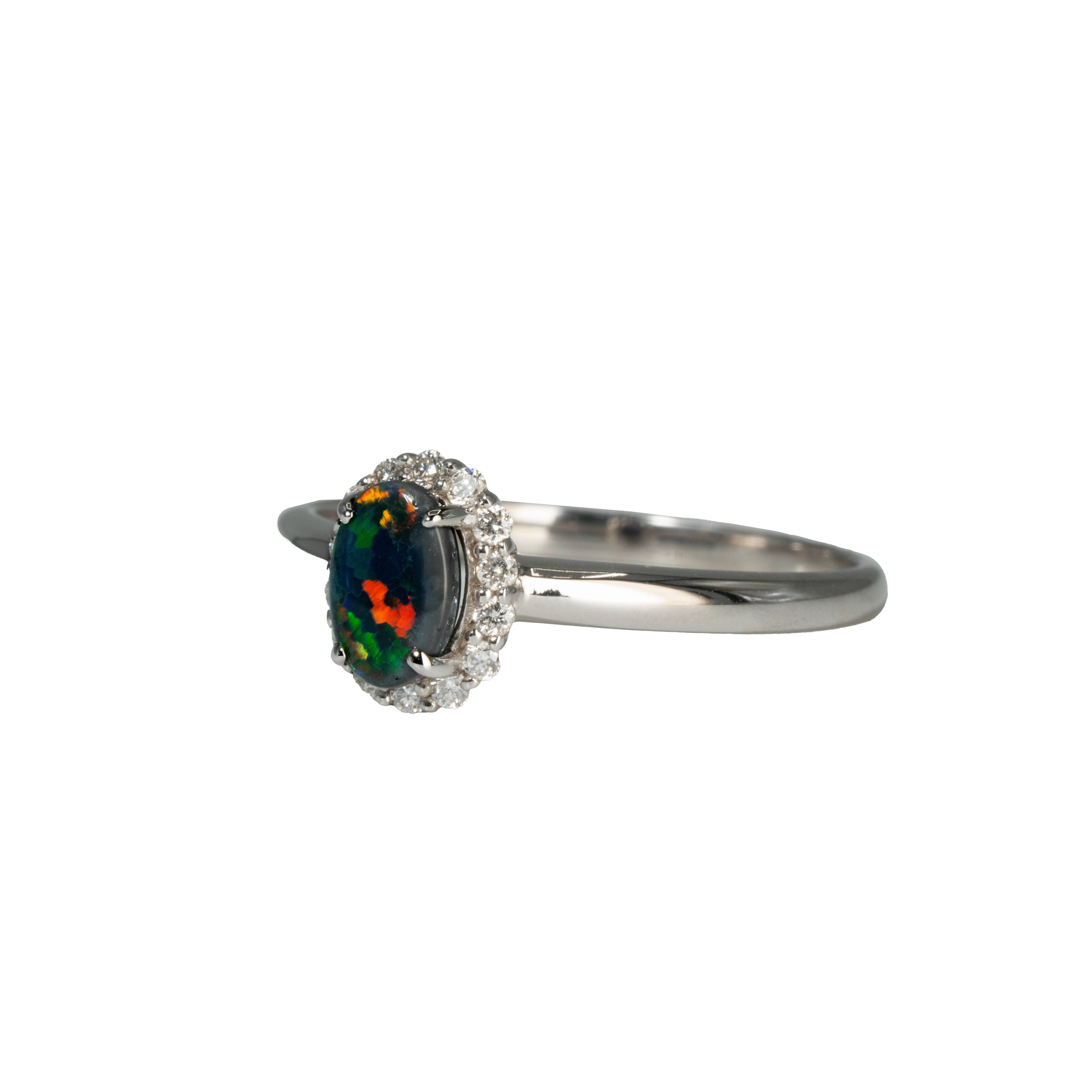Black Opal Ring in 18K White Gold - Multicolour