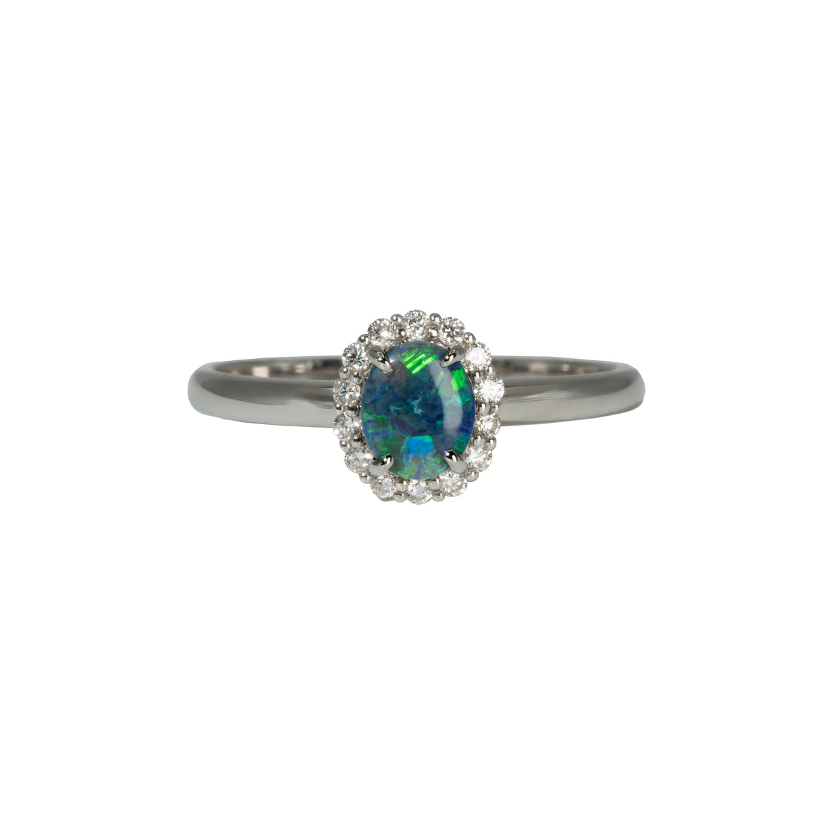 Black Opal Ring in 18K White Gold - Green-Blue