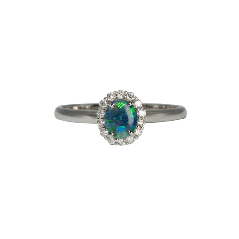 Black Opal Ring in 18K White Gold - Green-Blue