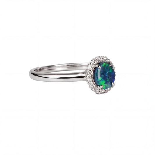 Black Opal Ring in 18K White Gold - Green-Blue - Australian Opal Cutters and Pearl Divers