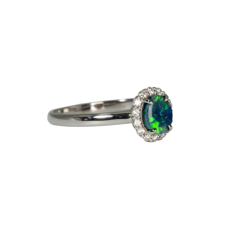 Black Opal Ring in 18K White Gold - Green-Blue