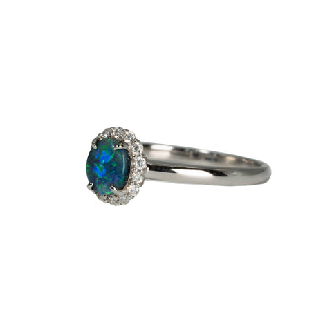 Black Opal Ring in 18K White Gold - Green-Blue