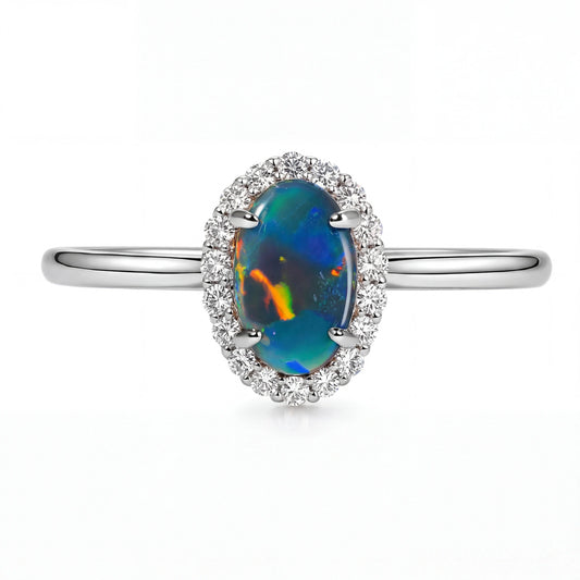 Black Opal Ring in 18K White Gold - Multicolour - Australian Opal Cutters and Pearl Divers