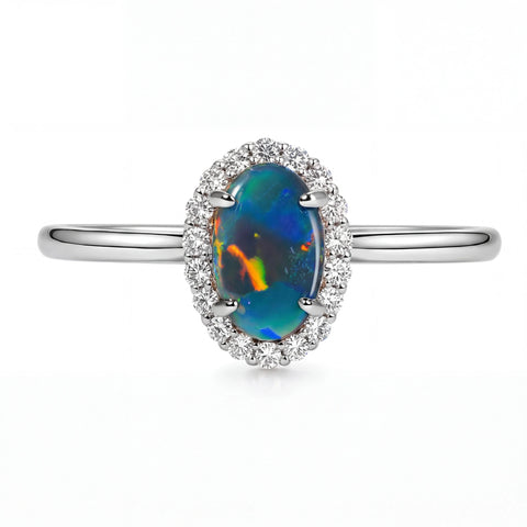 Black Opal Ring in 18K White Gold - Multicolour - Australian Opal Cutters and Pearl Divers