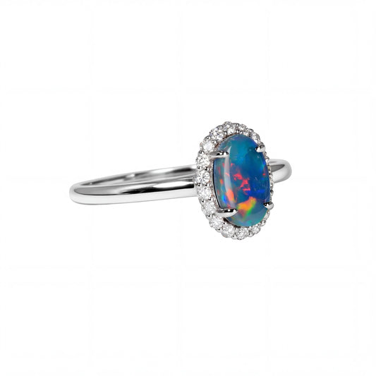Black Opal Ring in 18K White Gold - Multicolour - Australian Opal Cutters and Pearl Divers