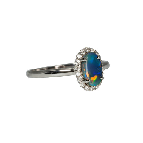 Black Opal Ring in 18K White Gold - Multicolour