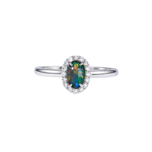 Black Opal Ring in 18K White Gold - Multicolour - Australian Opal Cutters and Pearl Divers