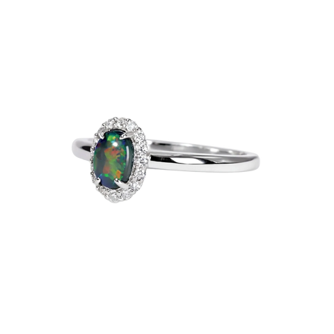 Black Opal Ring in 18K White Gold - Multicolour - Australian Opal Cutters and Pearl Divers