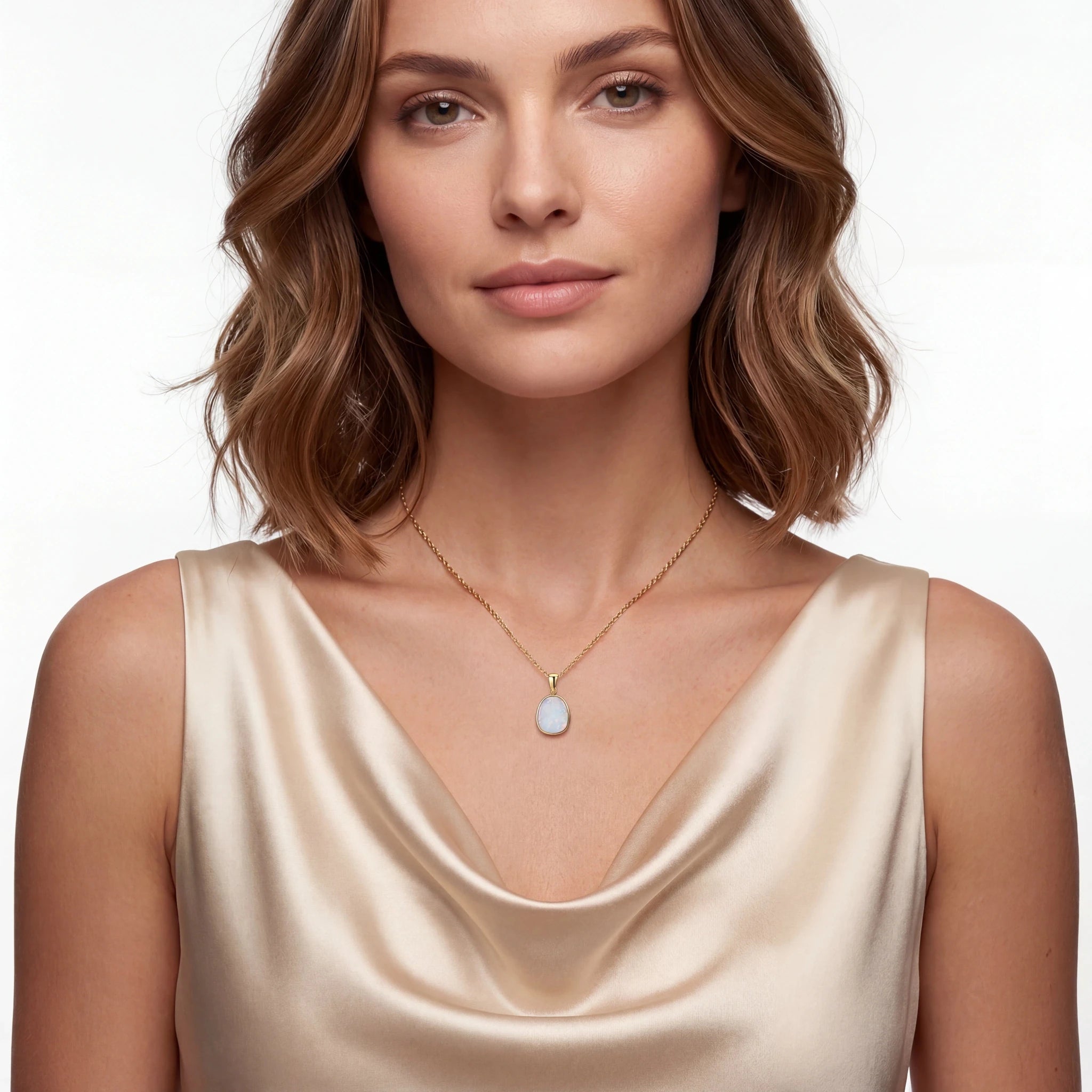 Woman wearing a gold necklace with a white pendant on a plain background