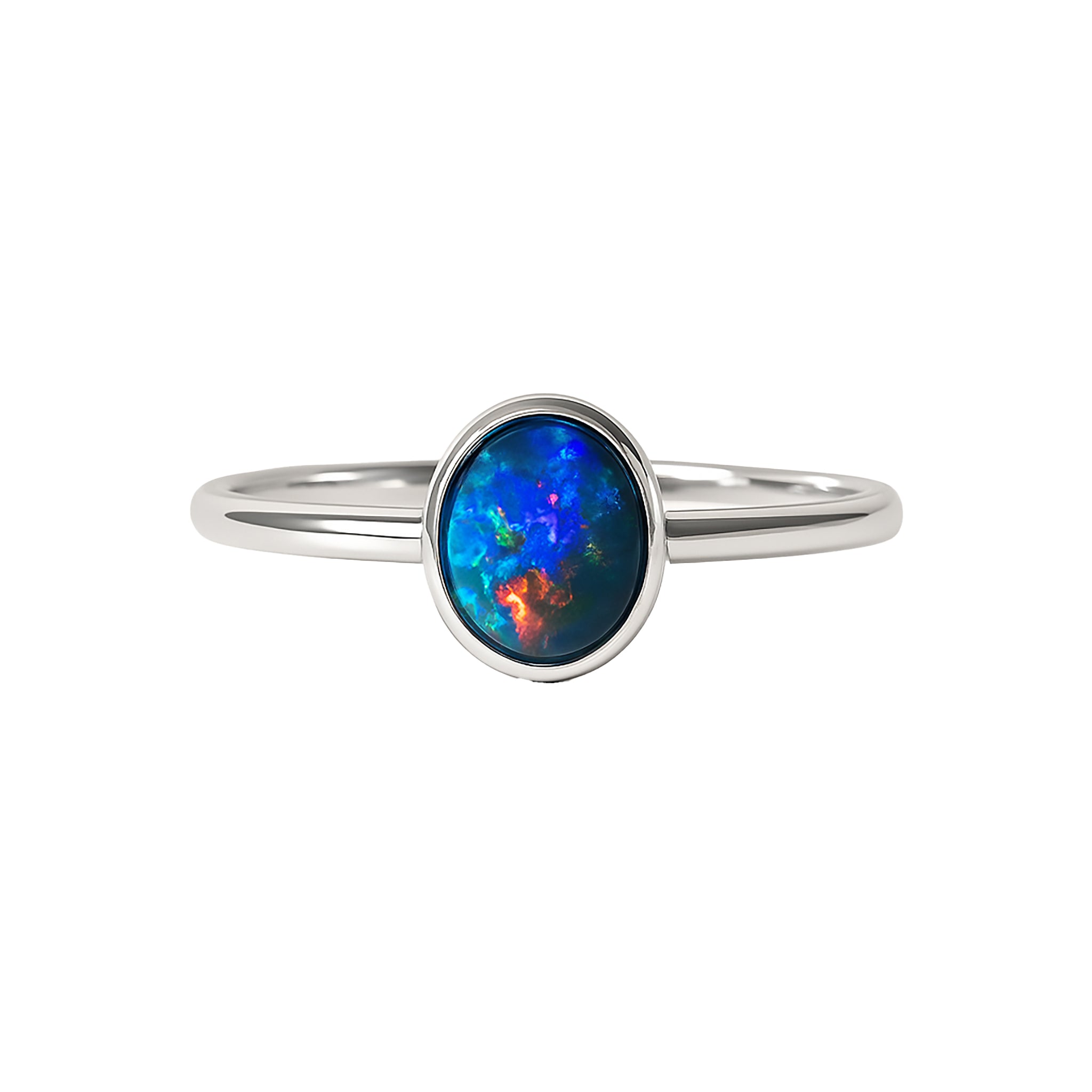 Black Opal Ring in 14K White Gold - Multicolour