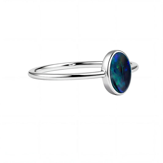 Black Opal Ring in 14K White Gold - Green-Blue - Australian Opal Cutters and Pearl Divers
