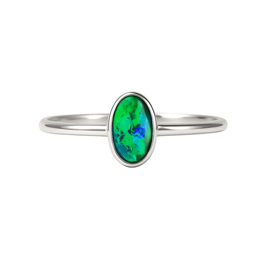 Black Opal Ring in 14K White Gold - Green-Blue